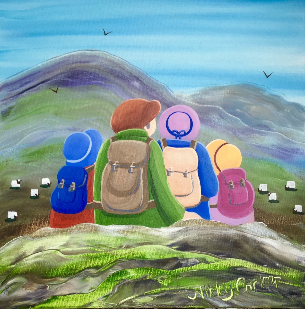 Colorful illustration of people with backpacks looking at a mountain landscape.