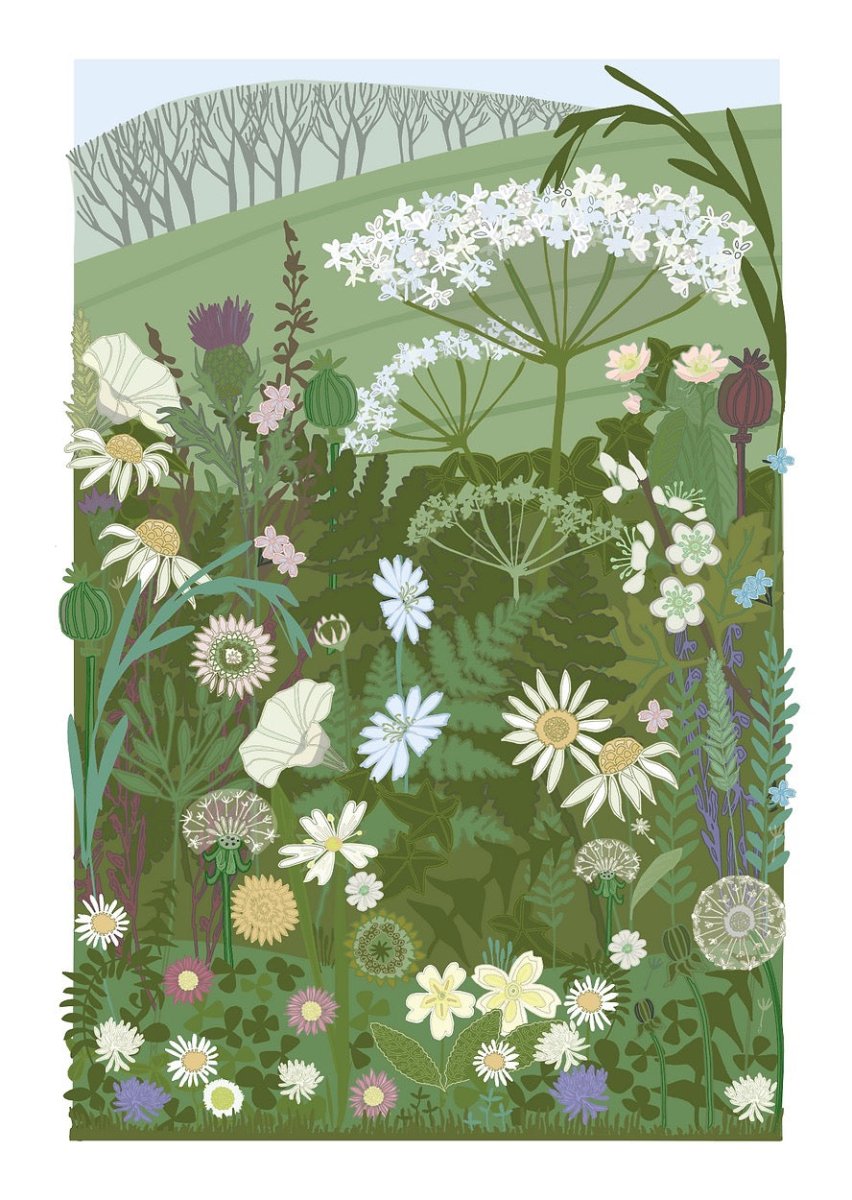 Illustration of a field of flowers with a green landscape in the background