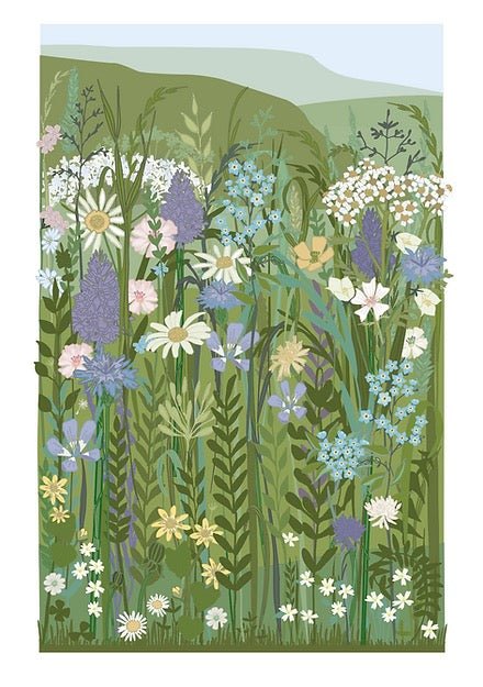 Illustration of a field of wildflowers with a mountainous background