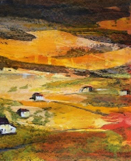 Abstract landscape painting with warm colors and small white houses.