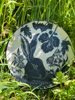 Hare in foliage stoneware plate by Yorkshire ceramic artist Ciara McClarence