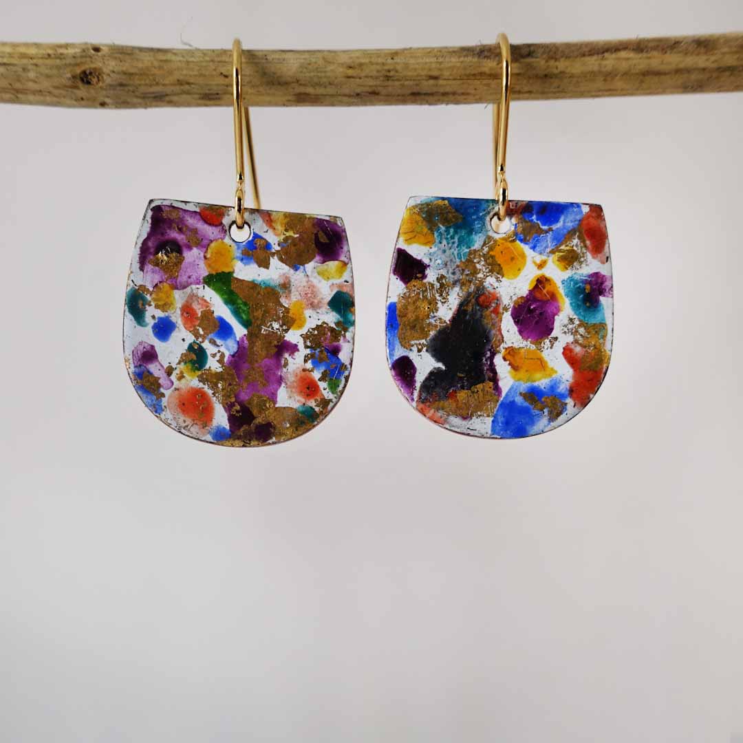 Copper Enamel Dangle Earrings: Paint Drops & Gold - 830 Degrees_Just Makers