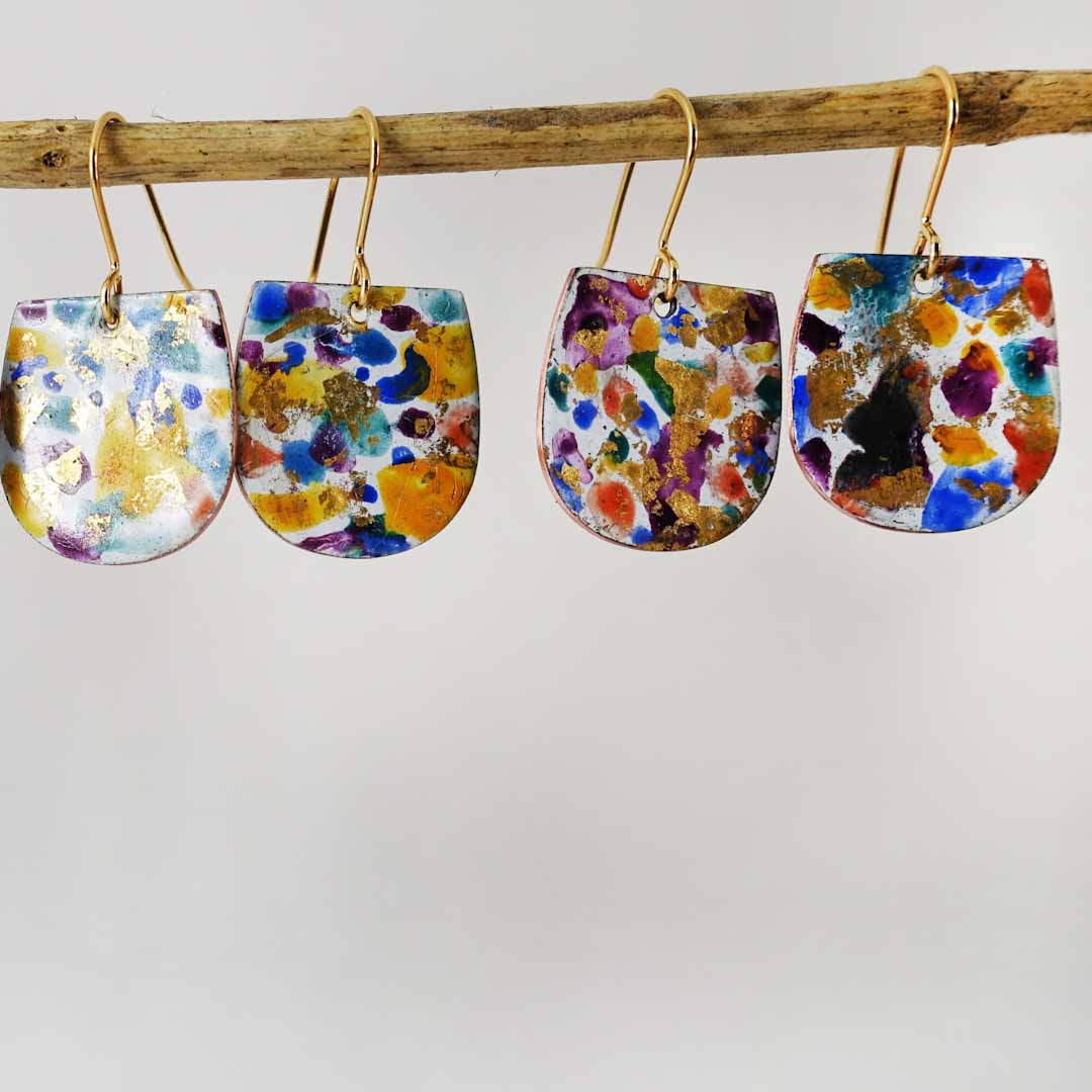 Copper Enamel Dangle Earrings: Paint Drops & Gold - 830 Degrees_Just Makers