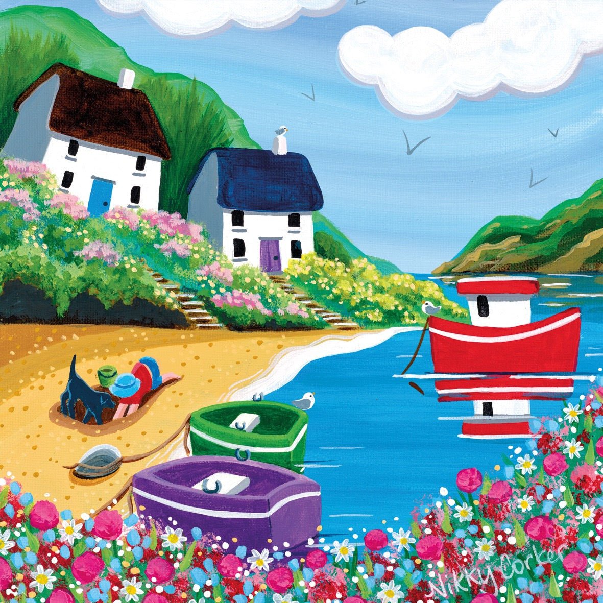 Colorful illustration of a coastal scene with houses, boats, and flowers.