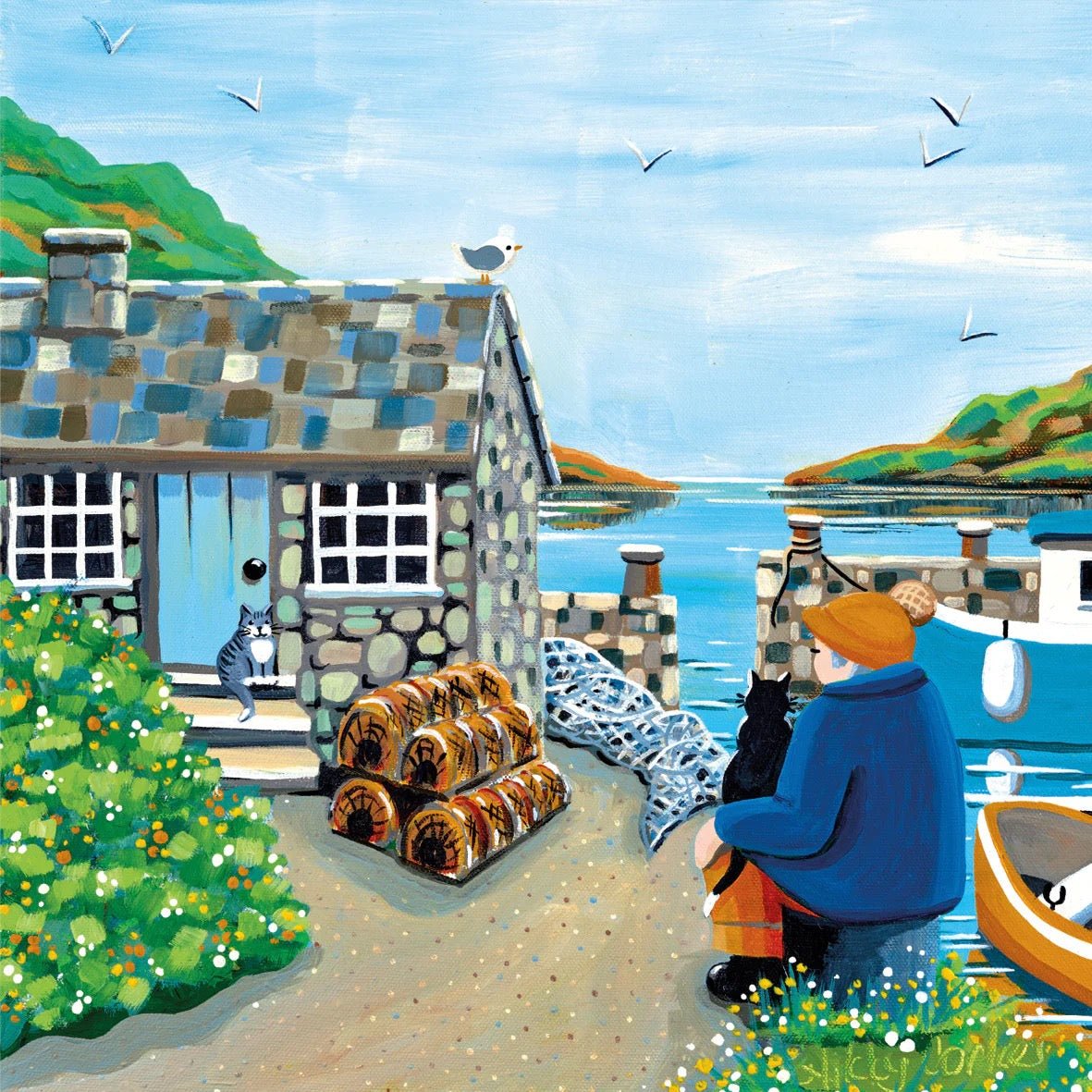 Illustration of a man with a dog by a stone cottage by a lakeside.