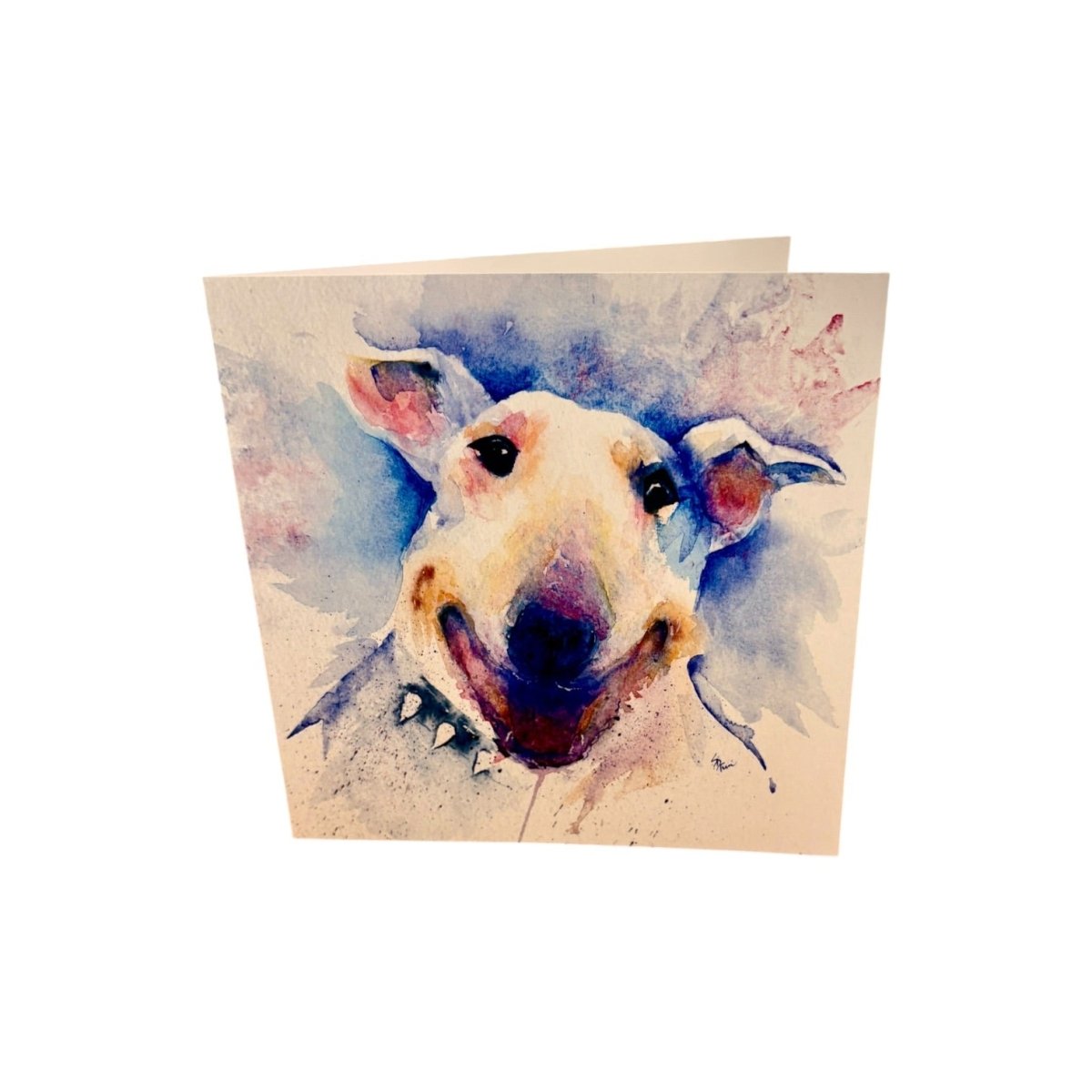 A square greeting card featuring a watercolor painting of a dog&