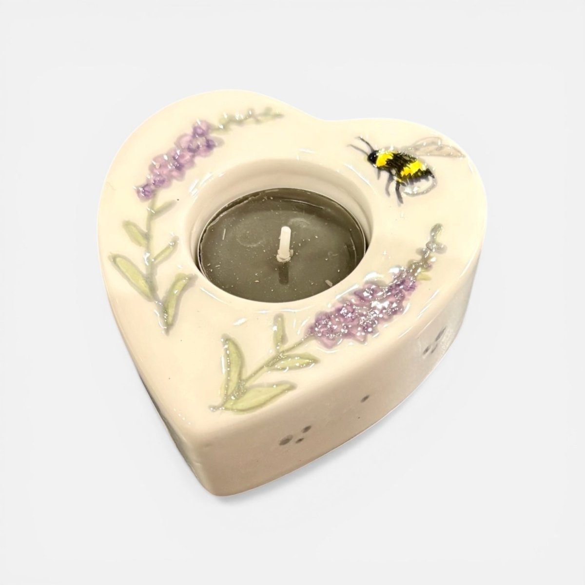 Hand Painted Ceramic Bee and Lavender Heart Tealight - Jenny Blue Art - Just Makers Jenny Blue Art