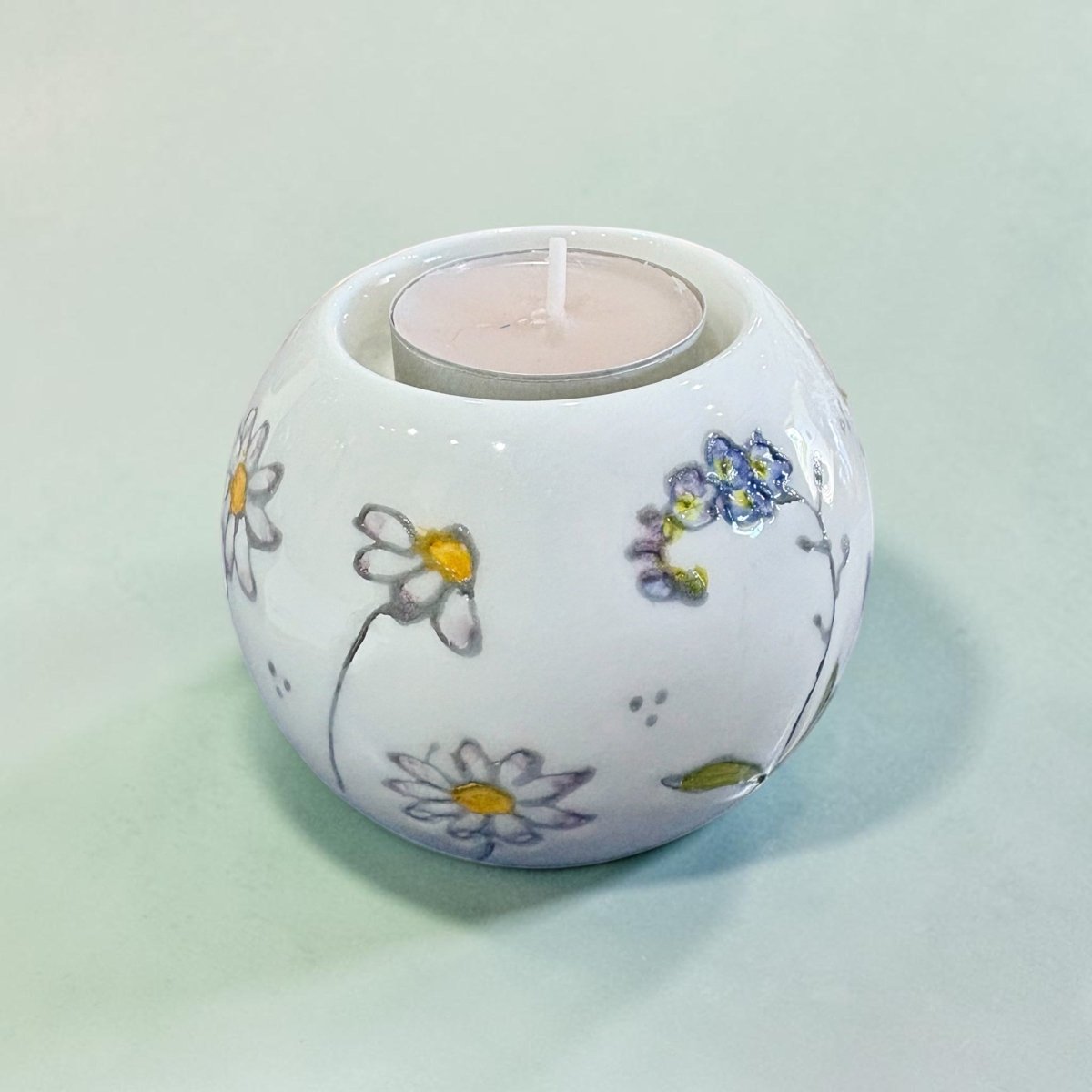 Hand Painted Ceramic Daisy and Butterfly Tealight - Jenny Blue Art_Just Makers