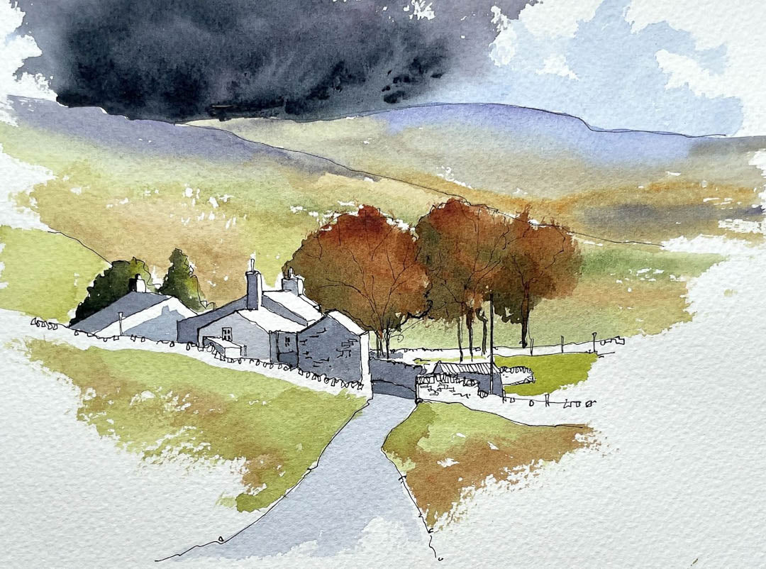 water painting of some houses in the Yorkshire Dales
