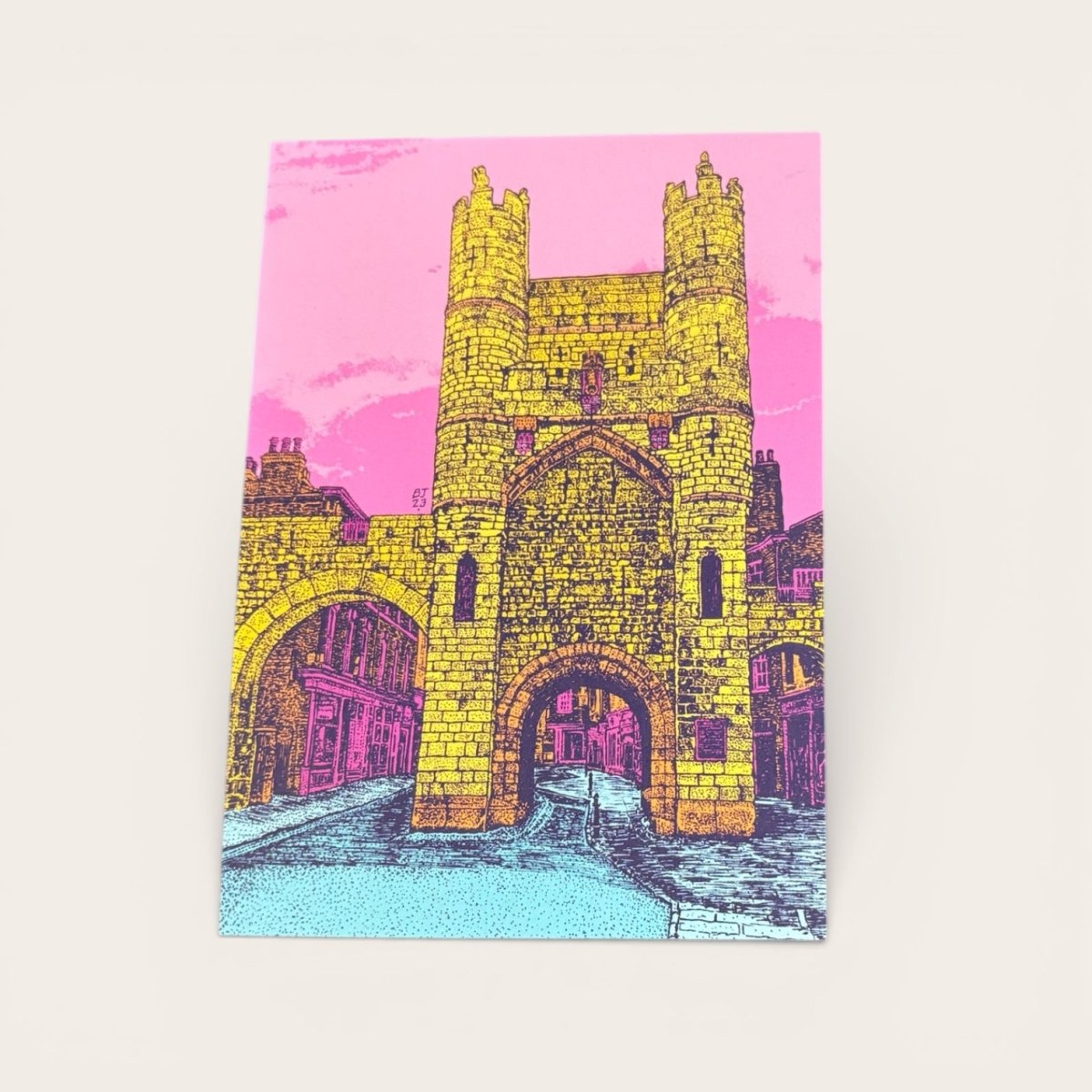 Colorful illustration of a stone gate on a pink and blue background