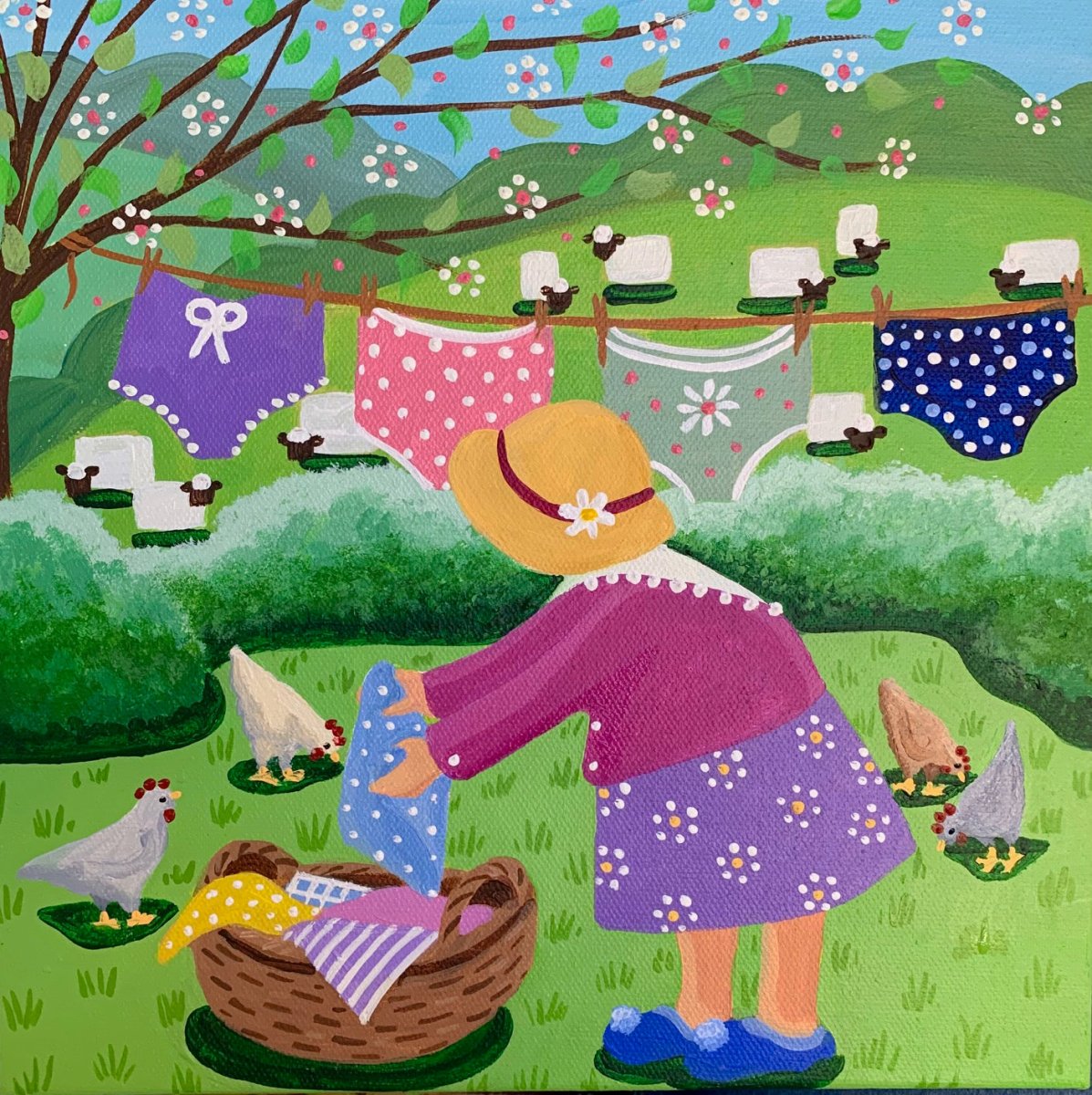 Painting of a woman in a garden with laundry hanging on a line and chickens around.