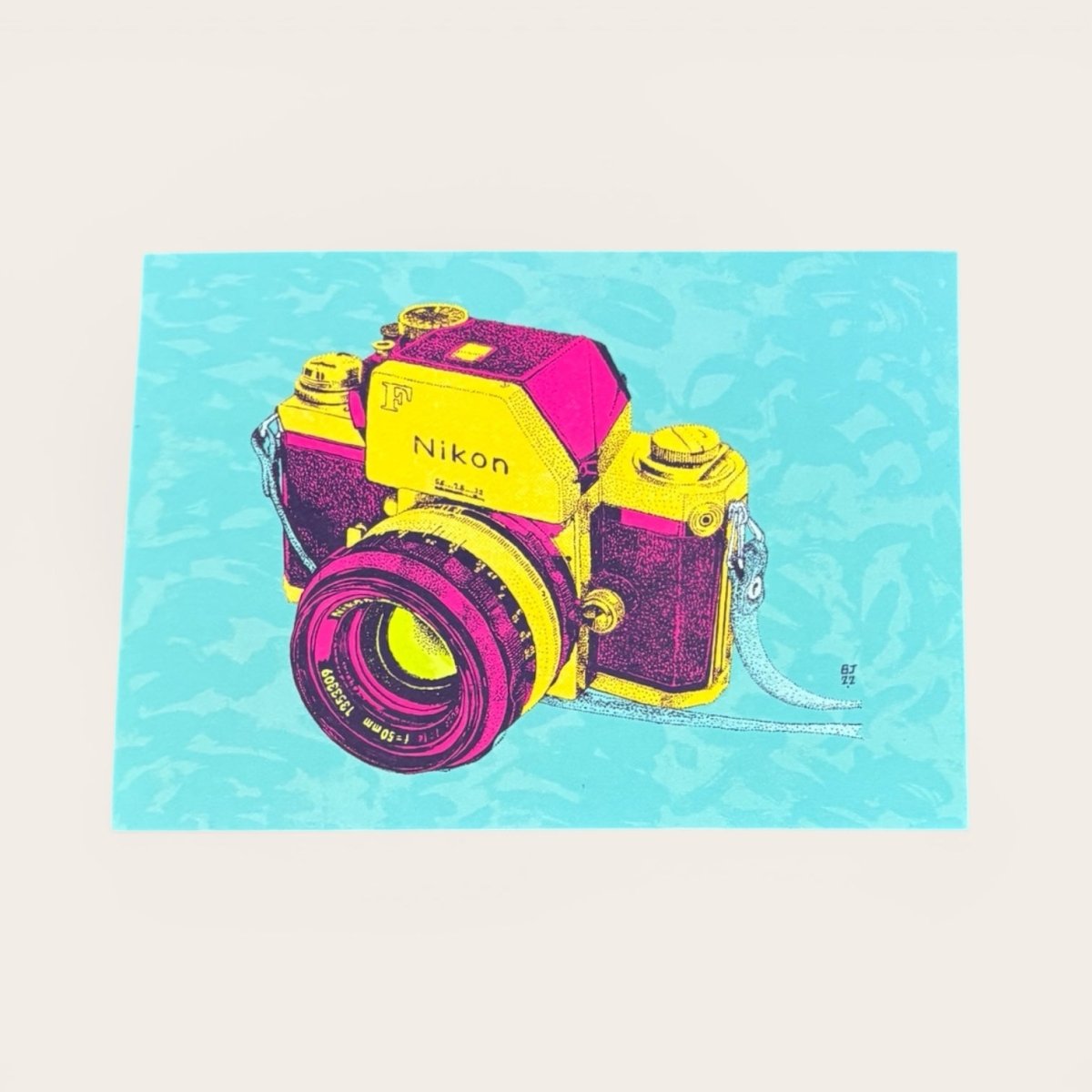 Colorful illustration of a Nikon camera on a blue background