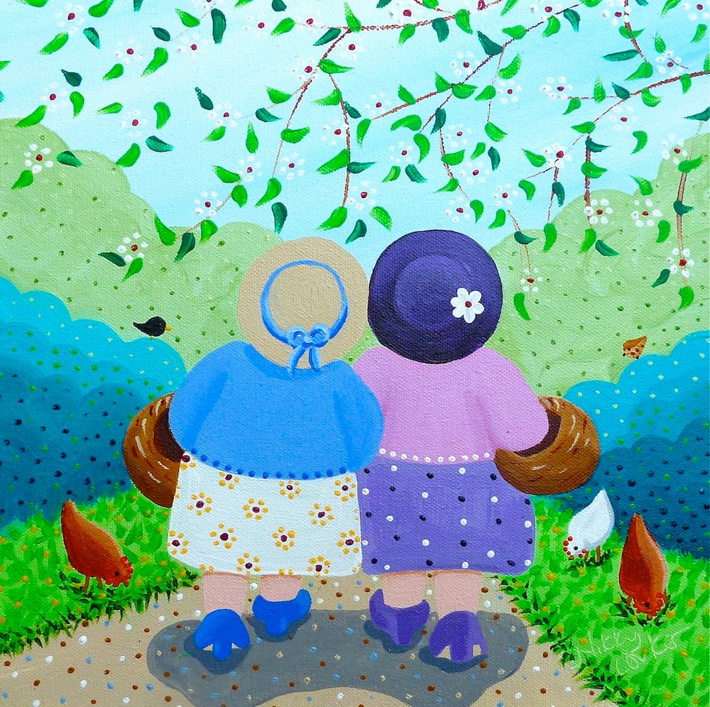 Painting of two women in colorful hats and dresses walking together in a garden setting.
