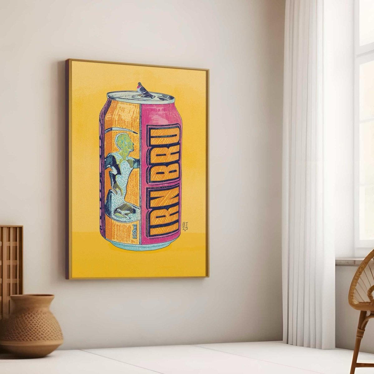 Framed artwork of a colorful can on a wall in a room with a window and decor items.