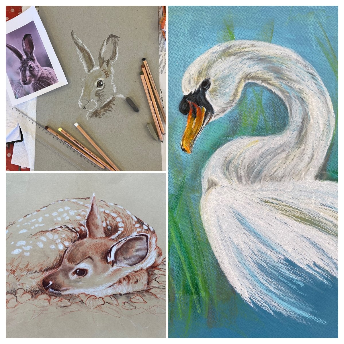 A three-panel collage showing artwork: a pastel rabbit drawing with pencils and a reference photo in the top left, a painted white swan with blue-green background in the top right, and a painted fawn in the bottom left.