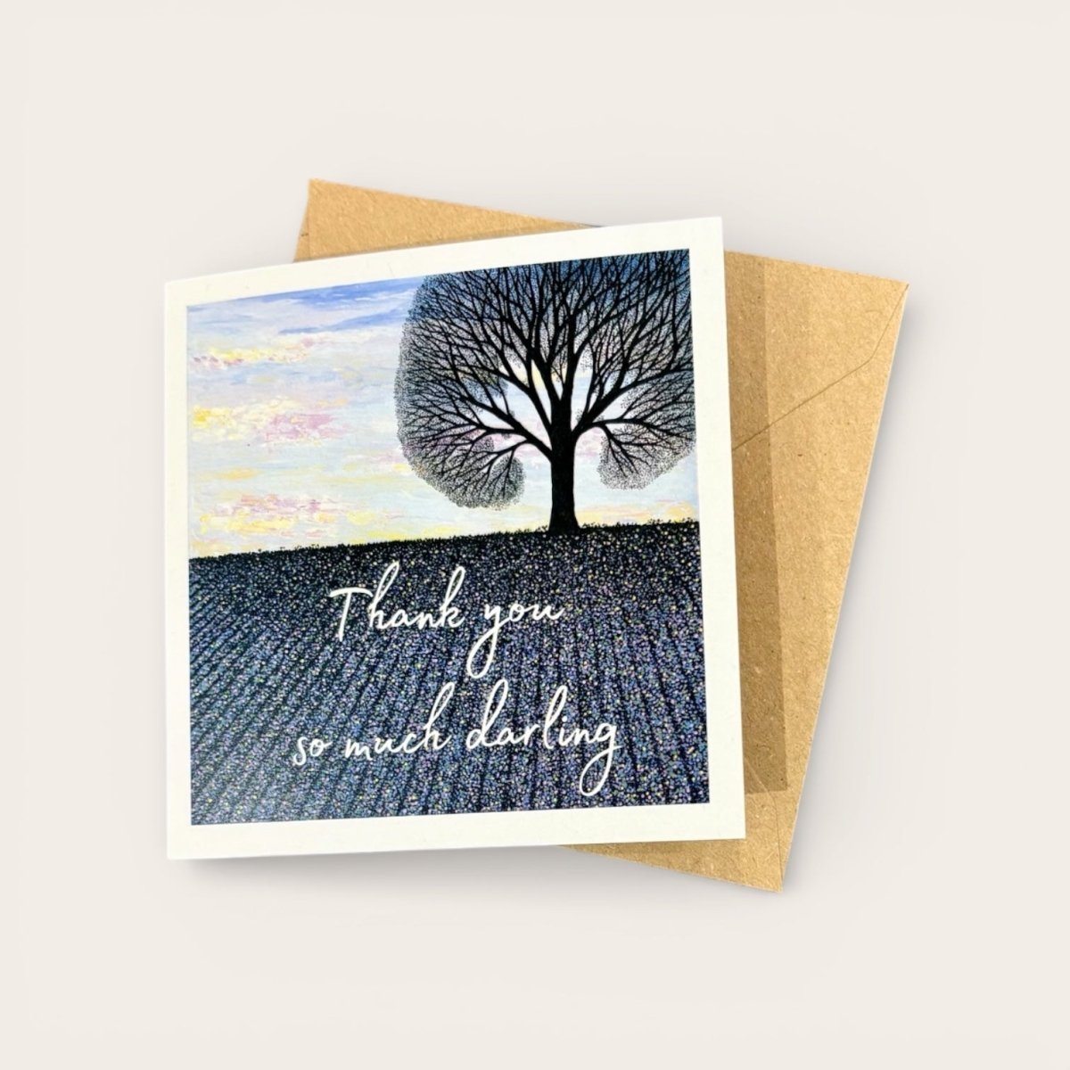 Greeting card with a tree and lavender field illustration and &