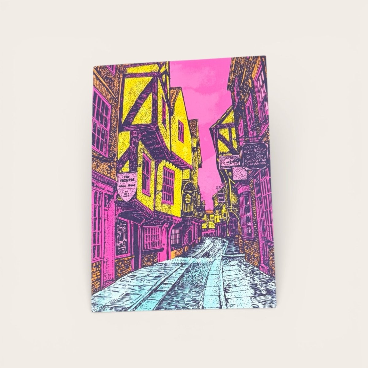 Colorful illustration of a street scene with buildings on a white background