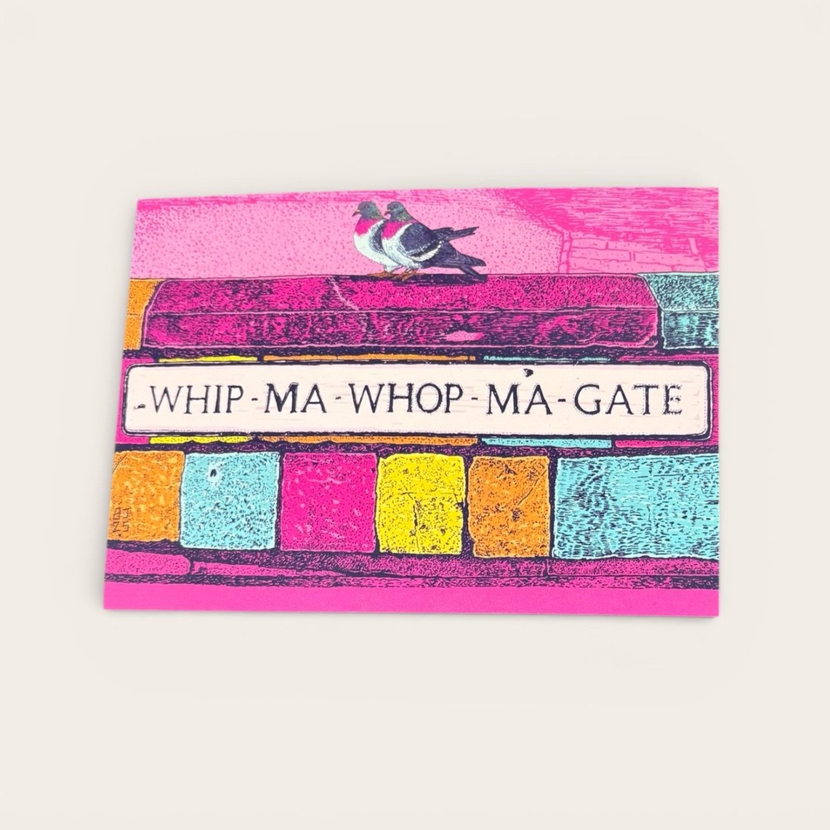 Colorful postcard with a pigeon on a gate and text &