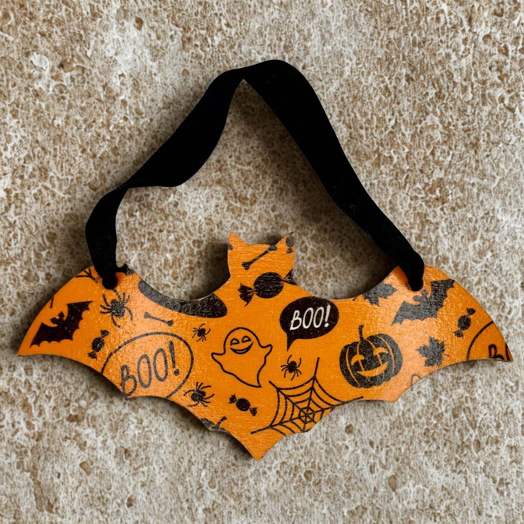 An orange bat decoration with black ribbon to hang_Halloween Decoration