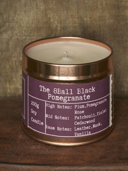 8Ball Black Pomegranate Rose Gold Tin Candle - Kandlers Table_Just Makers