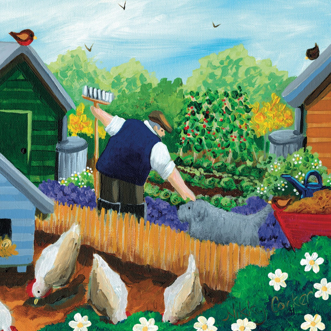 Illustration of a man tending to a garden with chickens and a dog.