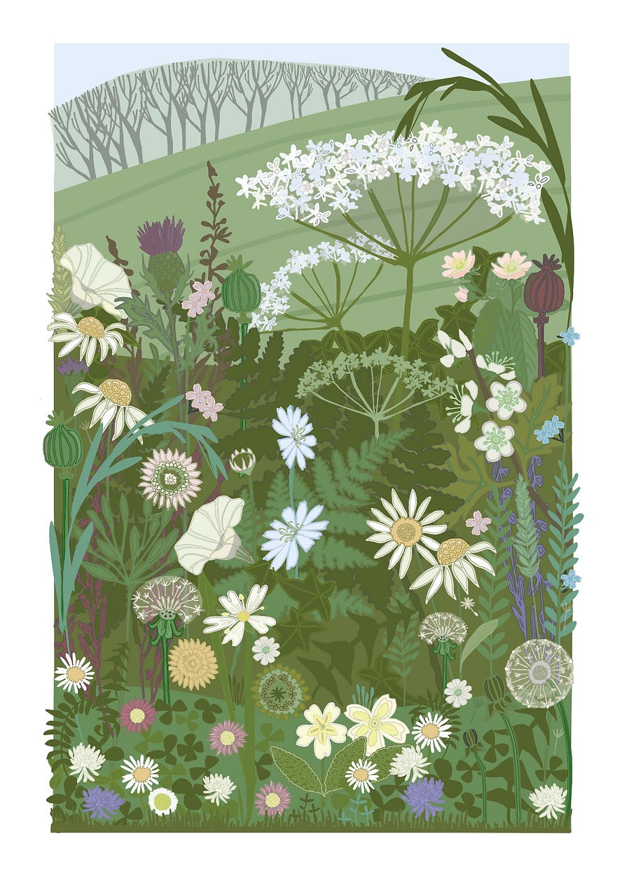 Illustration of a field of flowers with a green landscape in the background