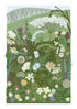 Illustration of a field of flowers with a green landscape in the background