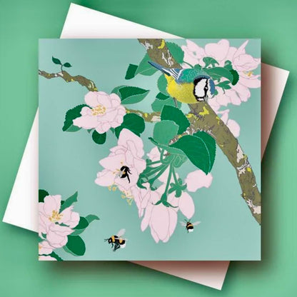 Apple Blossom, Blue Tit and Bees Greeting Card - Umbellifer_Just Makers