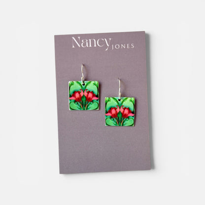 Square earrings with floral design on a Nancy Jones card