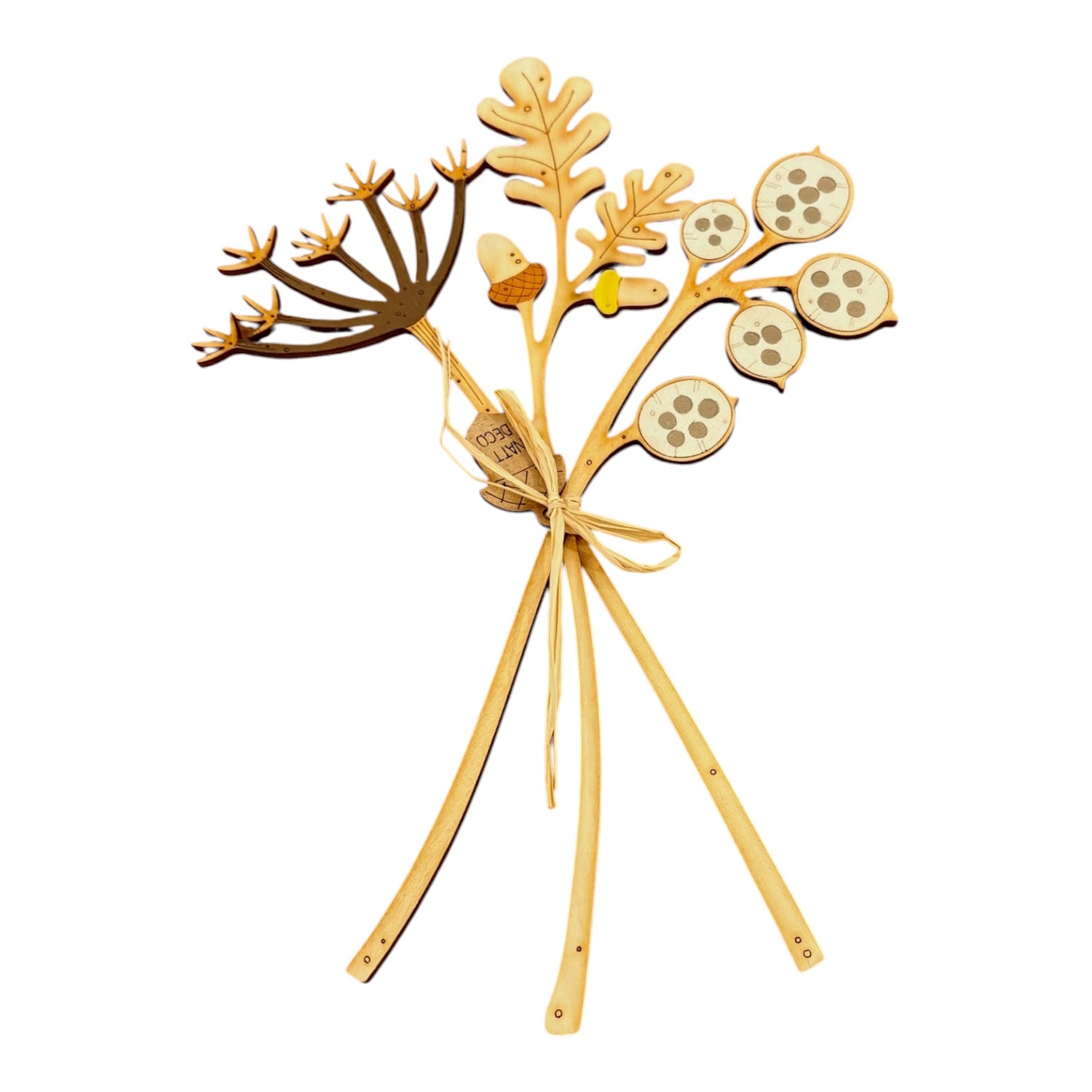 A decorative wooden botanical arrangement with three legs, featuring laser-engraved branches, leaves, acorns, and circular seed pods, tied with a simple bow on a white background.