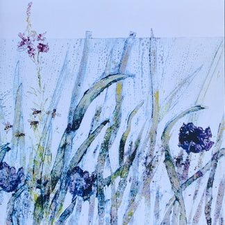 Artistic depiction of grass and flowers with a blue background_Gill Kirk_Just Makers