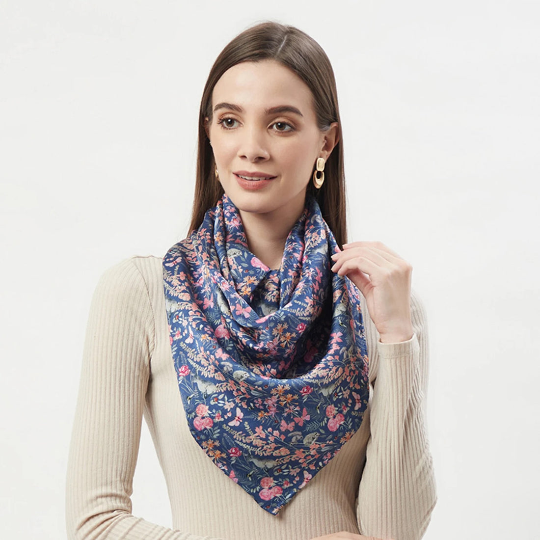 Blue Botanical Print - Large Square Silk Scarf_Just Makers