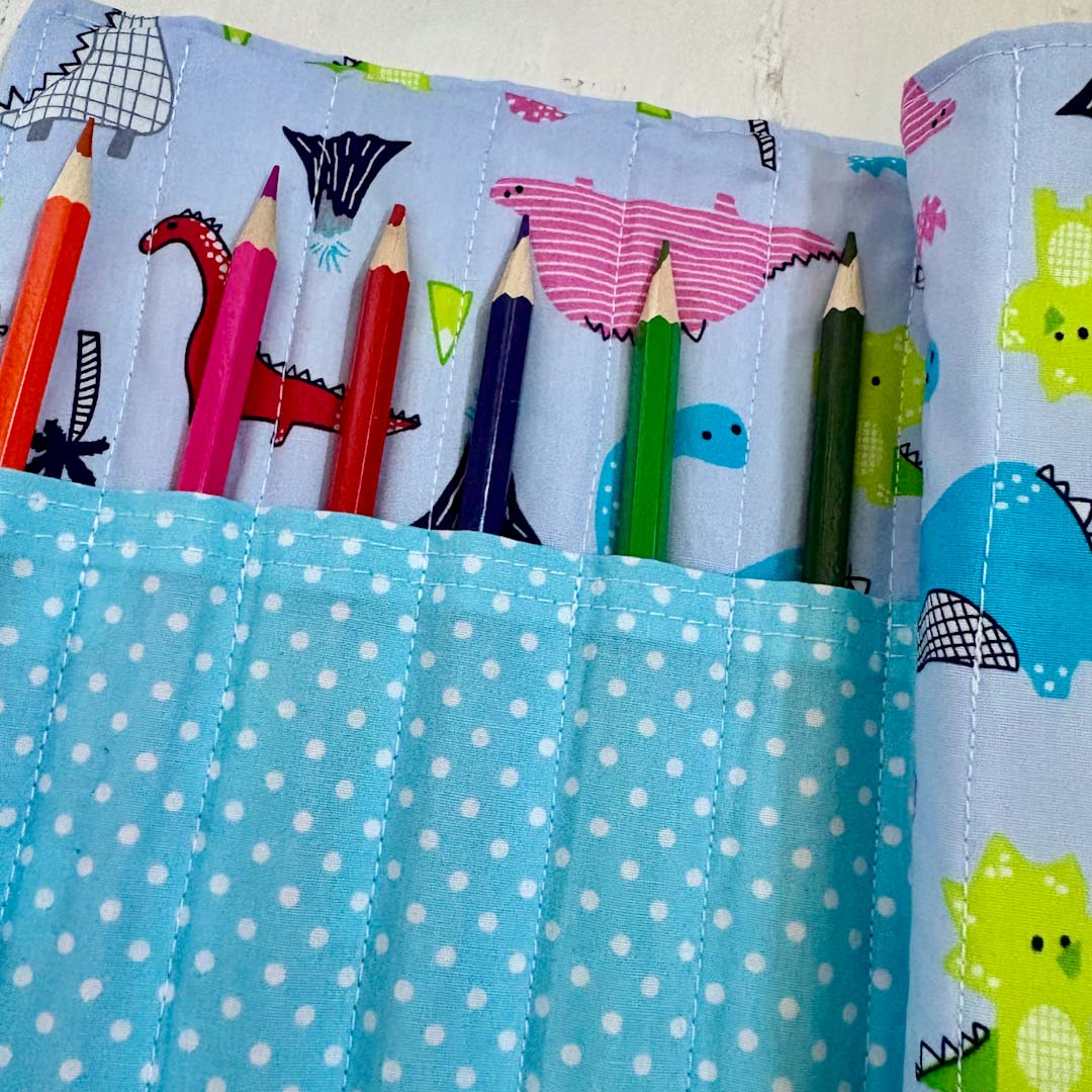 Blue Dinosaur Pencil Roll Close Up - Made by Marianne_Just Makers