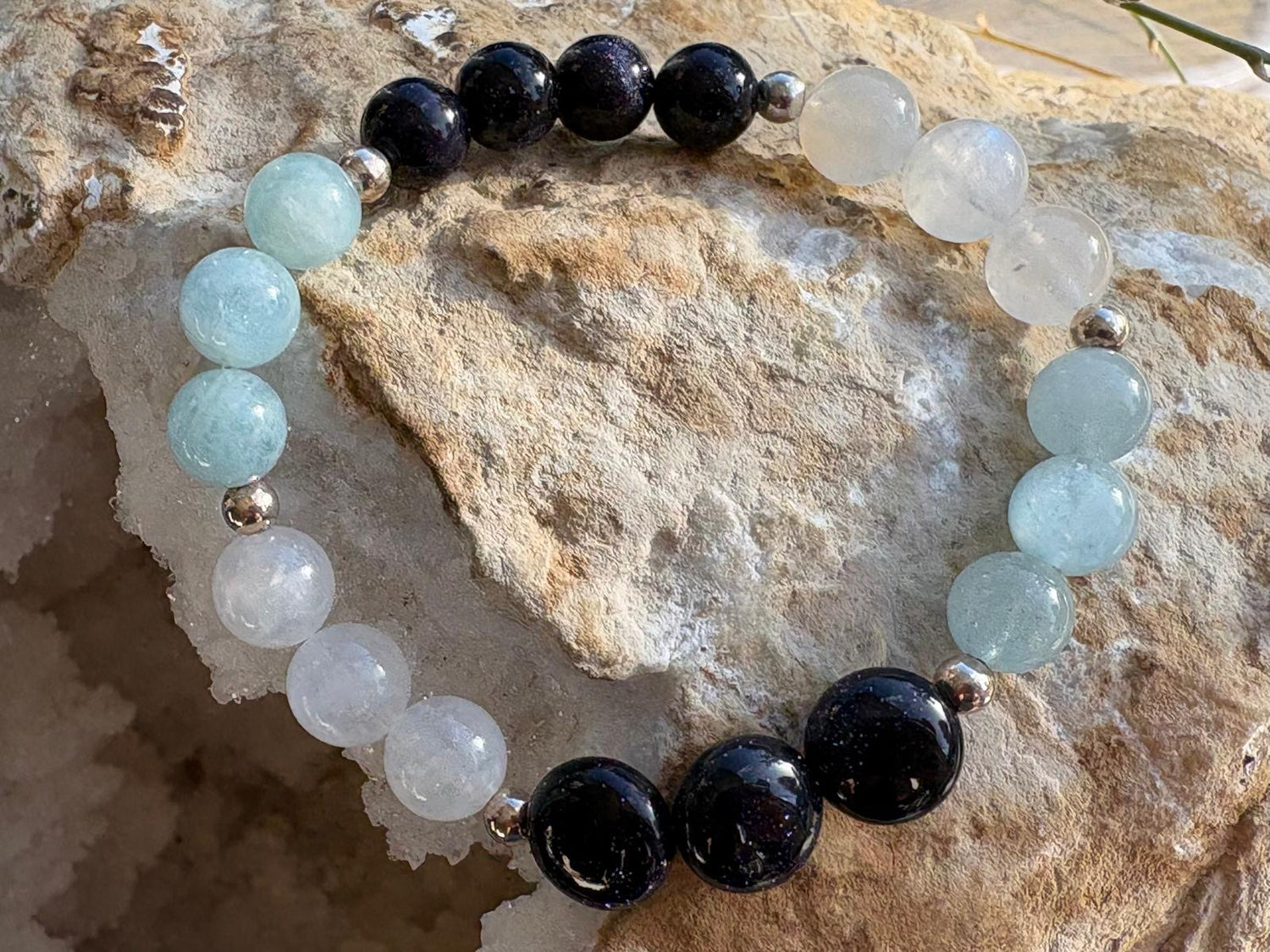 Blue Goldstone, Aquamarine &amp; White Moonstone Bracelet - Hart, Body and Soul_Just Makers