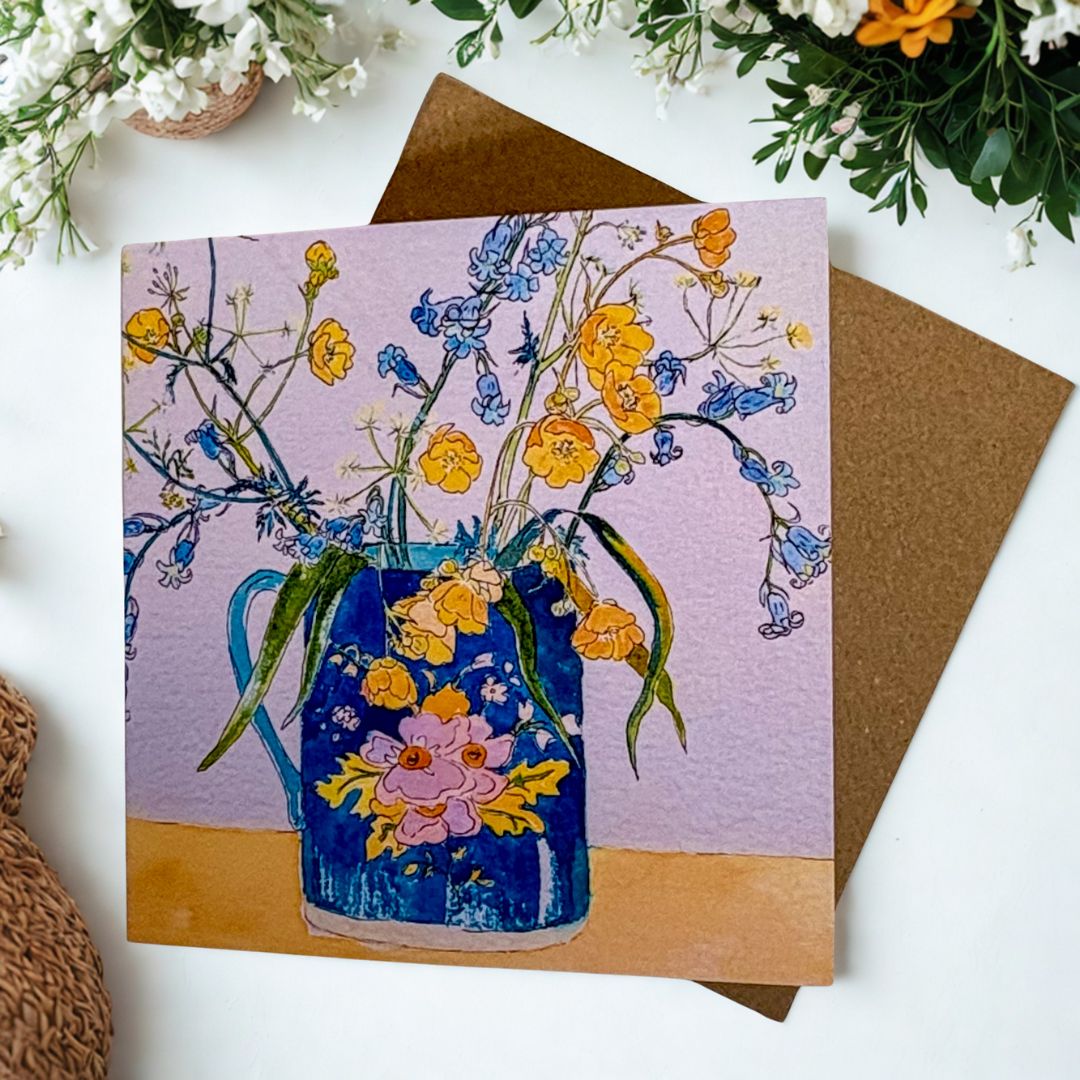 Blue Jug of Blooms Greeting Card - Gill Kirk_Just Makers