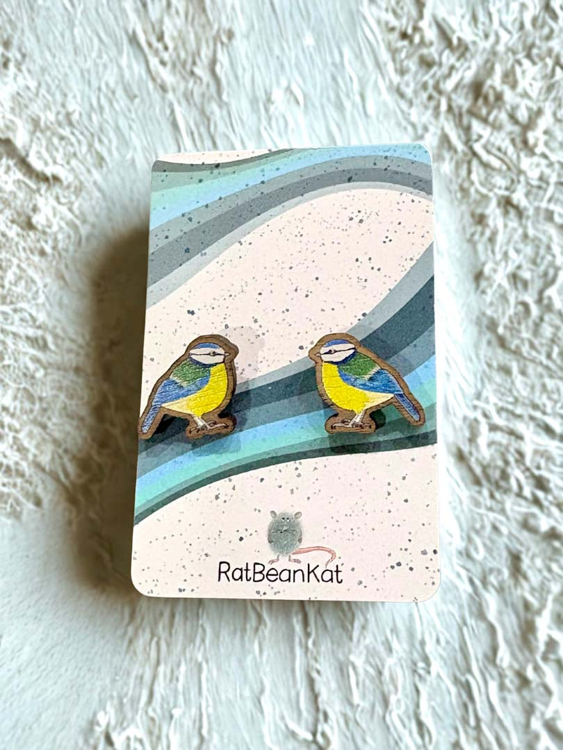Blue Tit Wooden Earrings - Rat Bean Kat_Just Makers