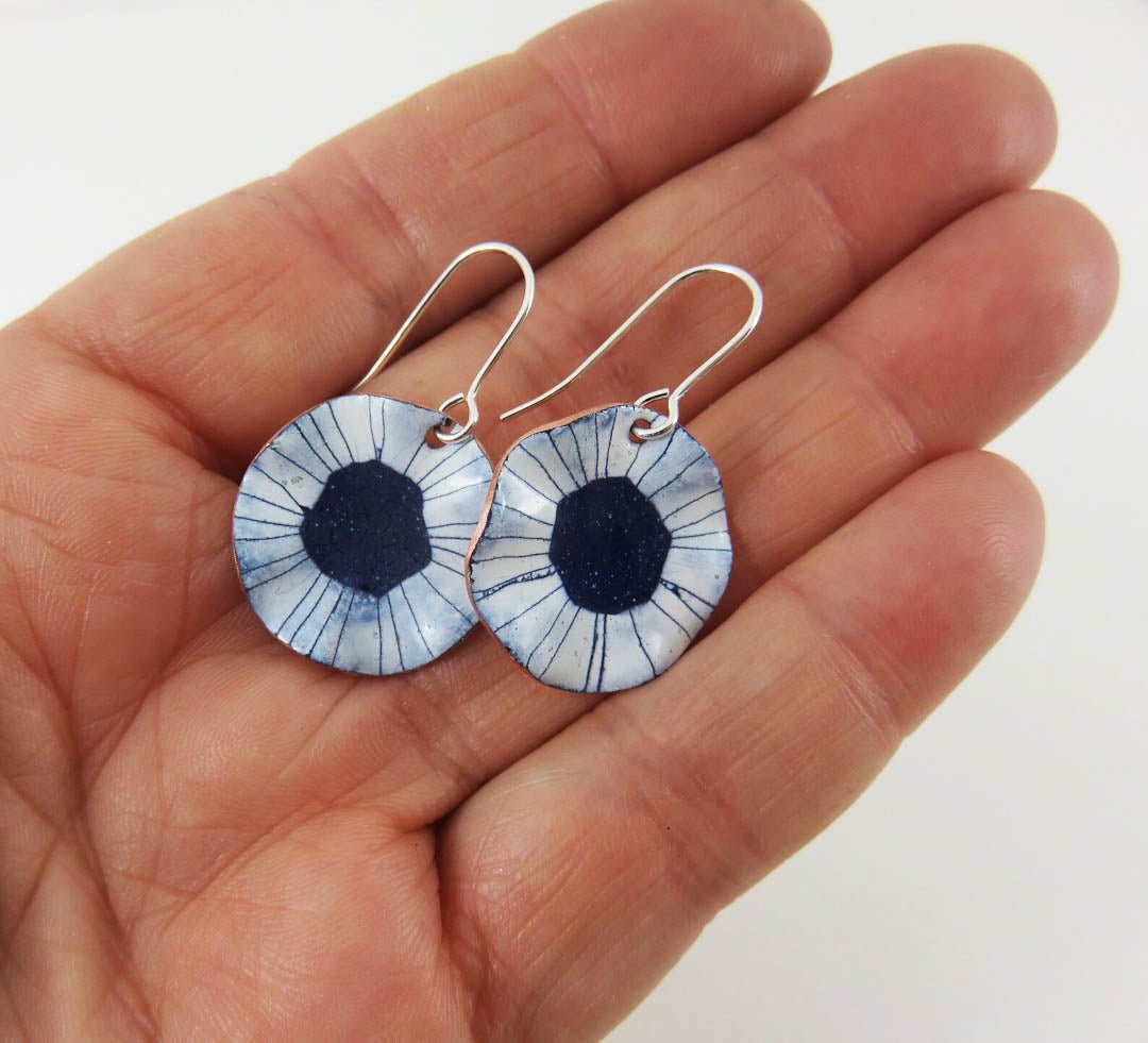 Copper Enamel Curvy Edge Blue and White Disc Earrings by 830 Degrees - Just Makers 830 Degrees