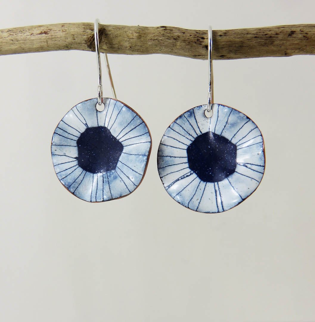 Copper Enamel Curvy Edge Blue and White Disc Earrings by 830 Degrees - Just Makers 830 Degrees