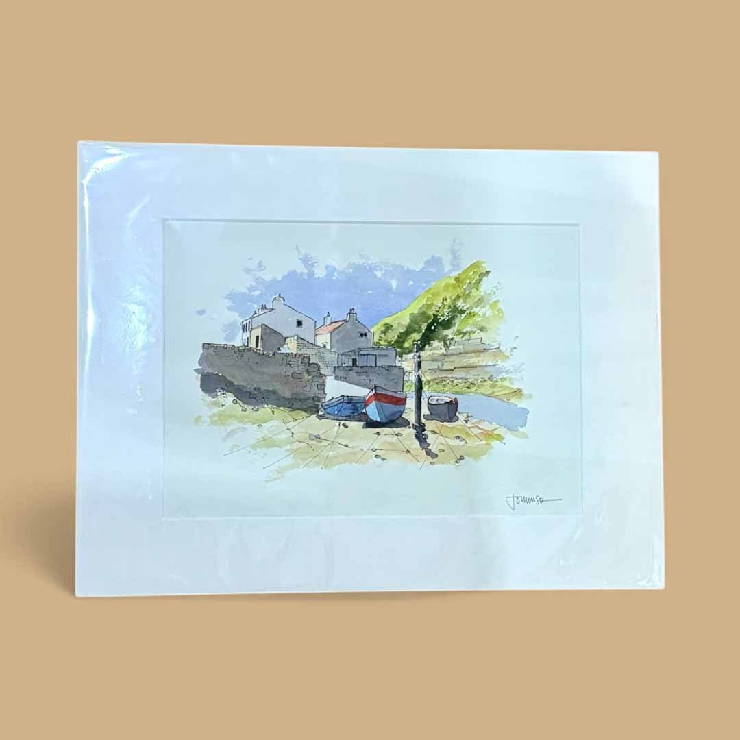 Boats on the Beck at Staithes Mounted Original Line and Watercolour - John Harrison - Just Makers