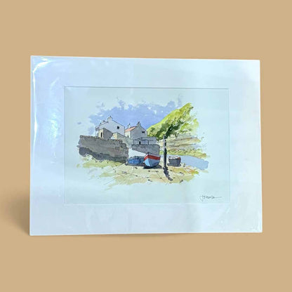 Boats on the Beck at Staithes Mounted Original Line and Watercolour - John Harrison_Just Makers