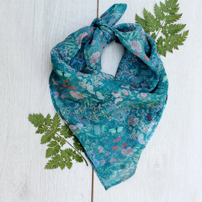 Botanical Meadow Print Silk Chiffon Neckerchief Scarf_Just Makers
