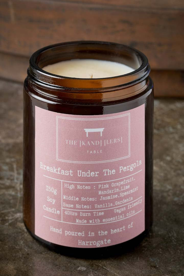 Breakfast Under the Pergola Amber Glass Candle - Kandlers Table_Just Makers