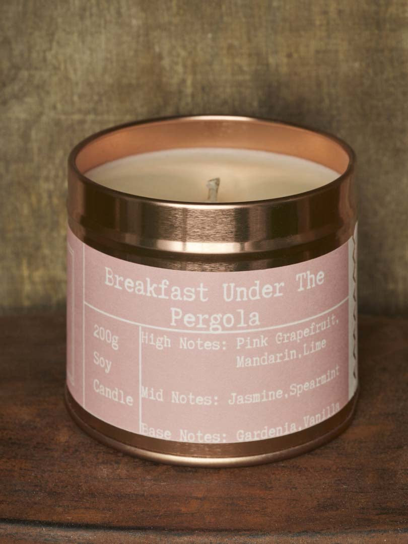 Breakfast Under the Pergola Rose Gold Tin Candle - Kandlers Table_Just Makers