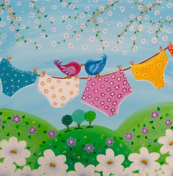 Colorful illustration of big knickers on a clothesline with flowers and trees in the background_Nikky Corker_just Makers