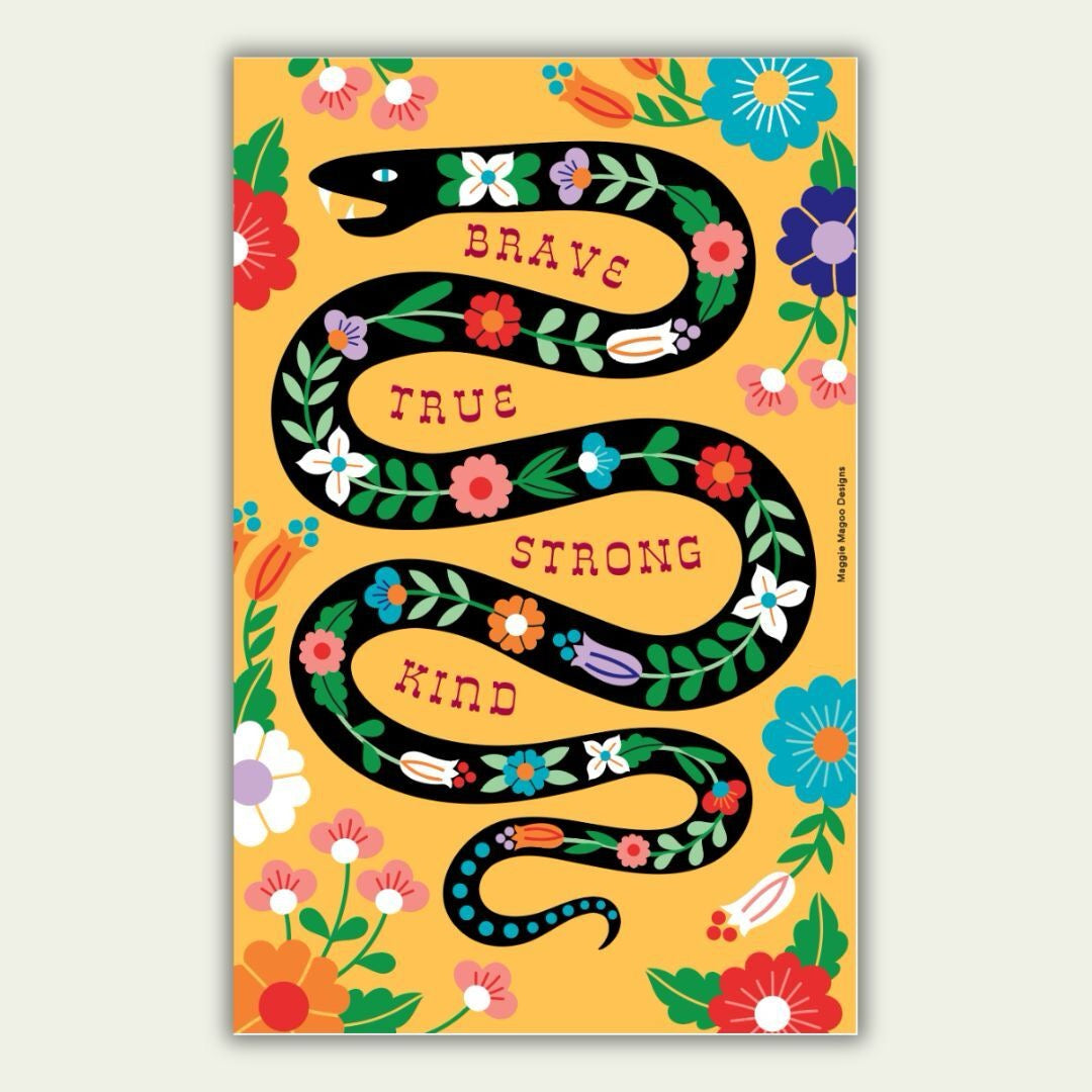 Colorful illustration of a snake with flowers and motivational words on a yellow background_Maggie Magoo Designs_Just Makers