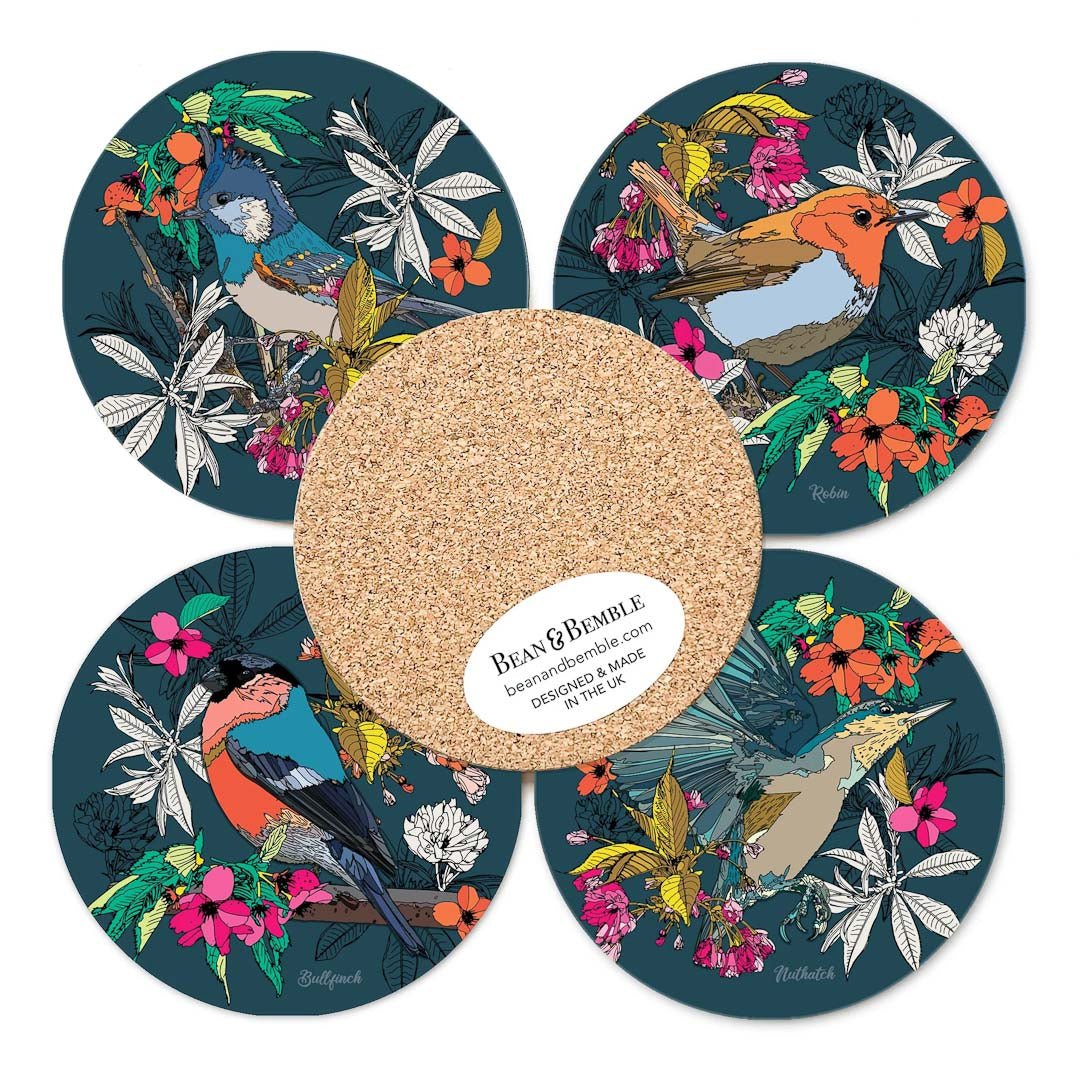 British Garden Birds Set of Four Coasters - Bean and Bemble - Just Makers Bean and Bemble