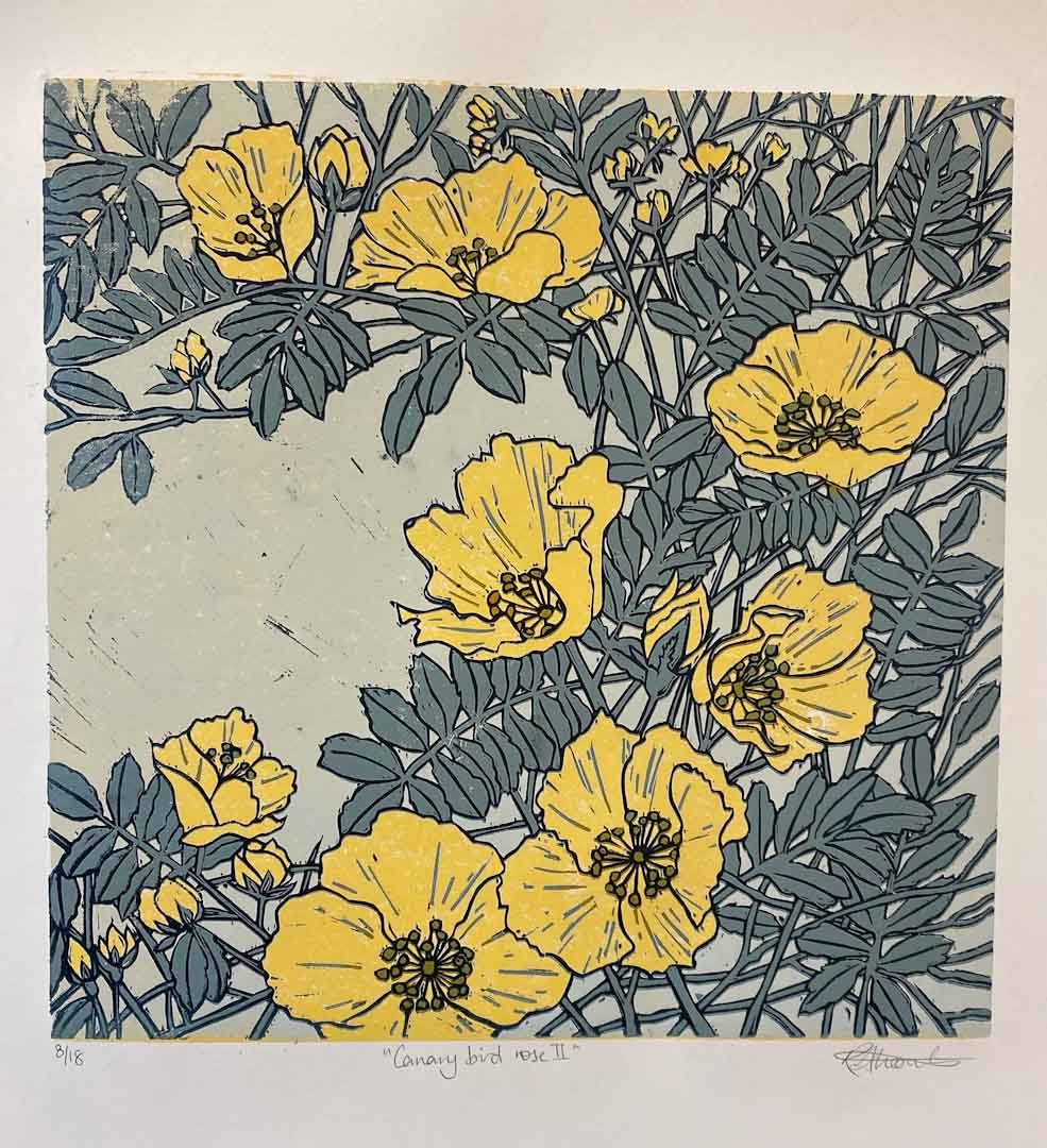 Canary Bird Rose II Unframed Linocut Print - Just Makers Rachel Knowles
