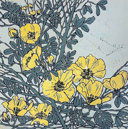 Canary Bird Rose I Unframed Linocut Print - Just Makers Rachel Knowles