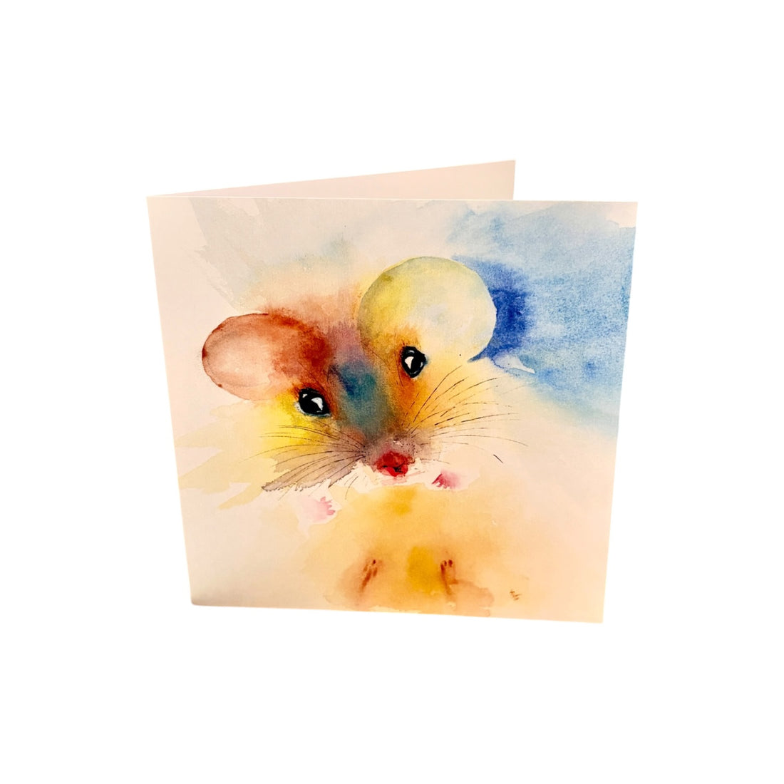 A folded greeting card featuring a watercolor painting of a small mouse with soft yellow, blue, and brown tones on a white background.