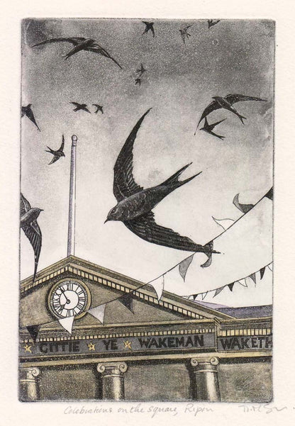 Celebrations on the Square Ripon Mounted Etching - Moira McTague_Just Makers